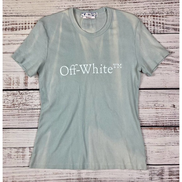 OFF-WHITE C/O‎ VIRGIL ABLOH Blue Laundry Ribbed Bleach Effect T-Shirt Size 48